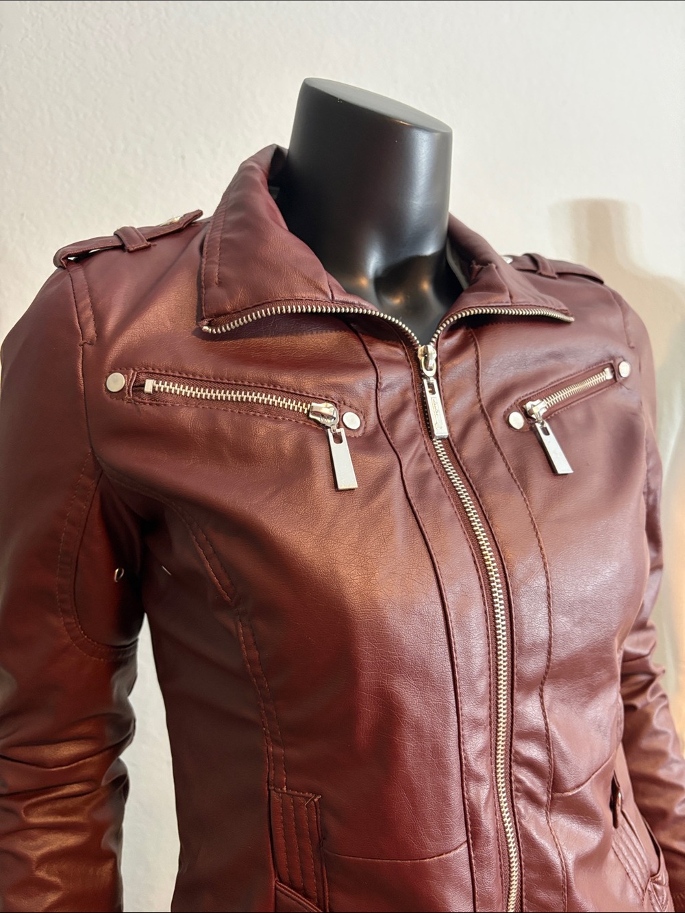Jou Jou Wine Red Faux Leather Moto Jacket with Silver Zippers - Picture 3 of 10